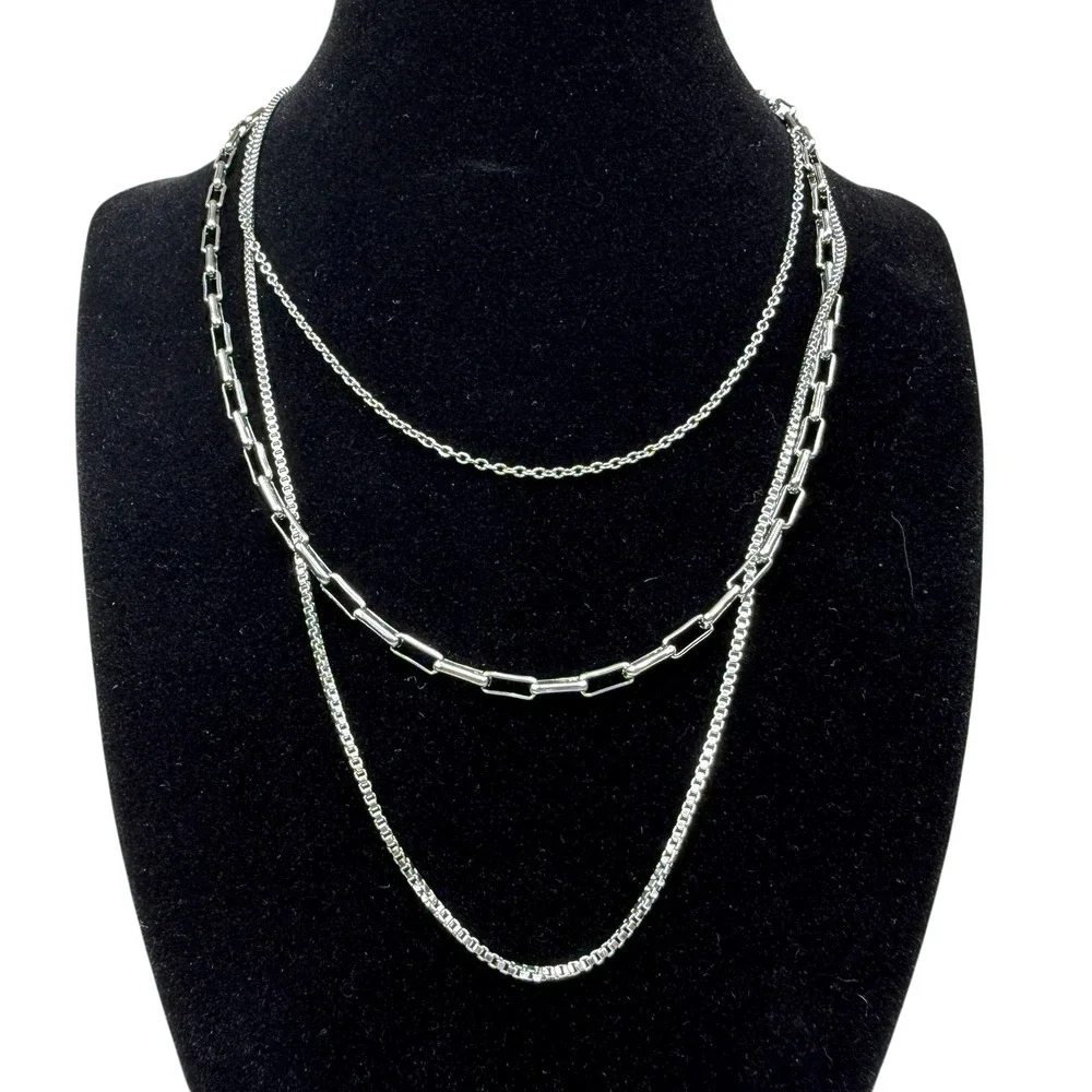 S Steel Layered Silver Tone Necklace Set Multi-Chain Paperclip Box Cable 14 in